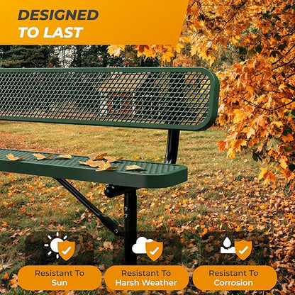 Heavy-Duty Outdoor Metal Bench, Thermoplastic-Coated, Inground, Weatherproof, Commercial-Grade for Parks, Gardens, Patios, Stores & More (4 Ft - Inground with Back, Green)