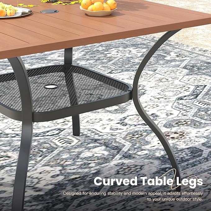 VICLLAX Outdoor Patio Dining Table for 4, Square Metal Table with Umbrella Hole and Storage Shelf for Garden, Lawn, Balcony, Deck, Walnut