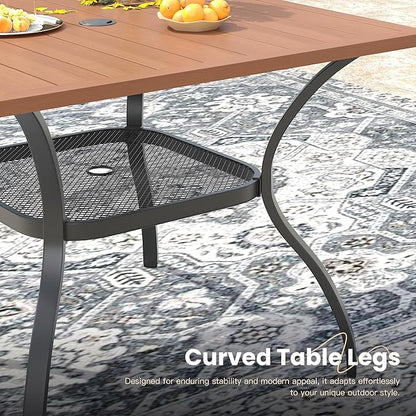 VICLLAX Outdoor Patio Dining Table for 4, Square Metal Table with Umbrella Hole and Storage Shelf for Garden, Lawn, Balcony, Deck, Walnut