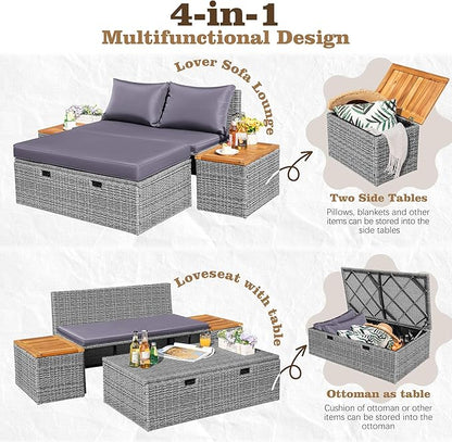 Flamaker Outdoor Rattan Lounge Chair with 2 Side Tables, Multifunctional Outdoor Patio Daybed with Footrest, Cushions, Storage Ottoman,Chaise Lounge Chair for Backyard Porch Poolside(Grey)