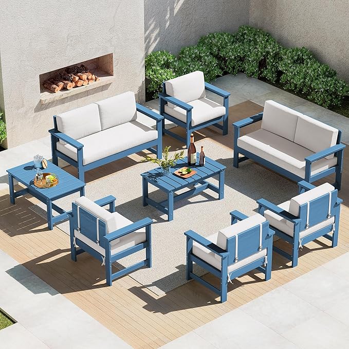 SERWALL 8 Pieces HDPE Outdoor Conversation Sofa Set with Cushions - Photo 1
