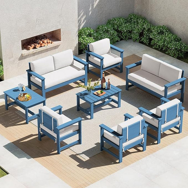 SERWALL 8 Pieces HDPE Outdoor Conversation Sofa Set with Cushions - Photo 1