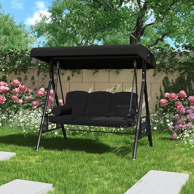 AECOJOY Outdoor Porch Swing, 3-Seat Porch Swing with Adjustable Canopy - Photo 9