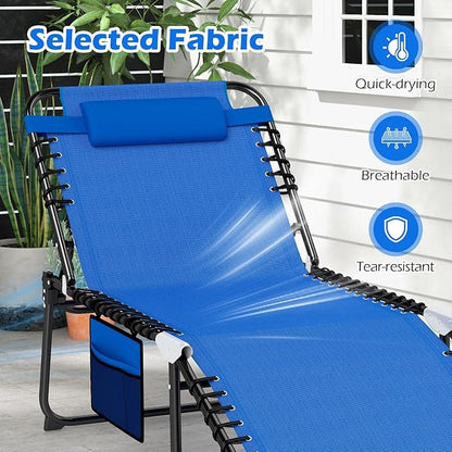 Giantex 2-Pack Lounge Chair Outdoor, Folding Tanning Chair with 4 Adjustable Positions, Removable Headrest, Footrest, Side Pocket, 440 Lbs Portable Recliner for Lawn, Yard, Beach, Sunbathing, Navy