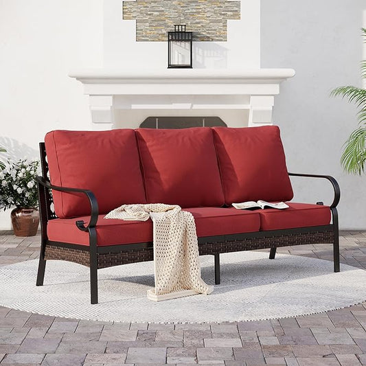 Metal Patio Sofa with 5.75" Extra Thick Waterproof Cushion, 3-Seater Deep Seating & High-Back Black Outdoor Couch All Weather Outdoor Seating Furniture for Deck Porch, Rust Red