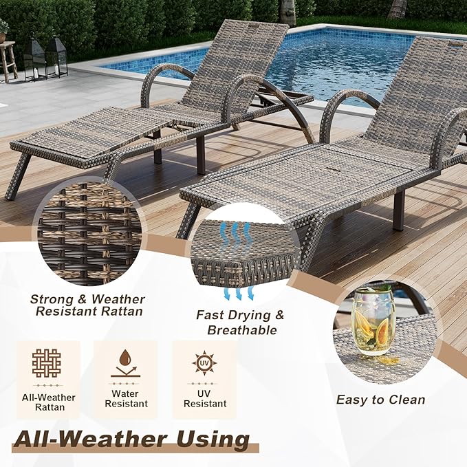 MEISSALIVVE Outdoor Lounge Chairs Set of 4, Patio Chaise Loungers with Adjustable 5-Position & Leg Support, PE Rattan Chaise Lounge, Wicker Pool Recliners Chair for Backyard, Porch, Deck, （Brown