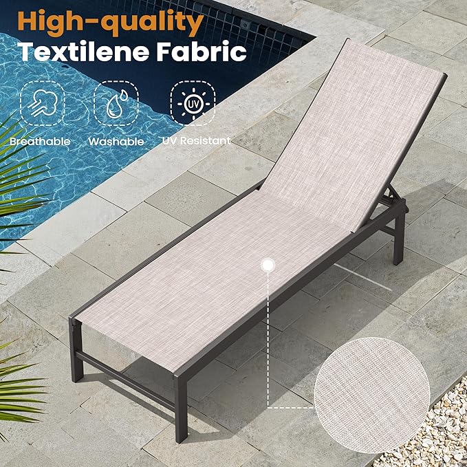 Crestlive Products Chaise Lounge Chair Outdoor Set of 4, Adjustable 5 Positions Pool Lounge Chairs, Metal Tanning Recliner, Outdoor Furniture All Weather for Patio, Beach, Yard, Pool(Beige)