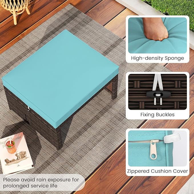 RELAX4LIFE Wicker Outdoor Ottoman Set of 2 - Rattan Footstools Foot Rest w/Removable Cushions - Photo 5