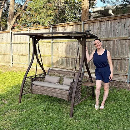 PURPLE LEAF Patio Porch Swing Chair with Canopy 2 Person Hand-Woven Wicker Outside Glider w/Solar LED Light and Cushions for Backyard Loveseat Bench Outdoor Hamock Swinging Chairs