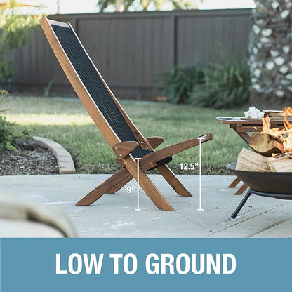 CleverMade Tamarack Folding Rope Chair - Foldable Outdoor Low Profile Wood Lounge Chair for the Patio, Backyard, and Deck, No Assembly Required