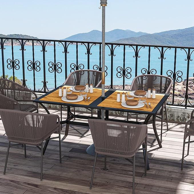 Outsunny Rectangle Outdoor Dining Table for 6 People, Faux Wood Rectangular Patio Table with Umbrella Hole, Steel Frame for Garden, Balcony, Brown