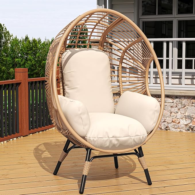 Patio Egg Chair, Oversized Outdoor Wicker Egg Chair with 8" Thick Cushion, PE Rattan Lounge Chair with Steel Frame for Balcony, Backyard, Garden, Sunroom, Beige