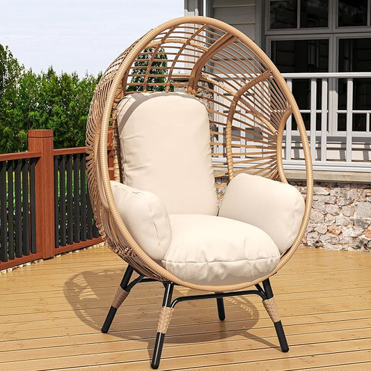 Patio Egg Chair, Oversized Outdoor Wicker Egg Chair with 8" Thick Cushion, PE Rattan Lounge Chair with Steel Frame for Balcony, Backyard, Garden, Sunroom, Beige