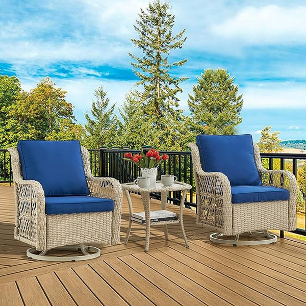 GAOMON 3 Piece Outdoor Patio Set, Wicker Rocking Bistro Set with 2 Swivel Chairs & Tempered Glass Top Table - Photo 1