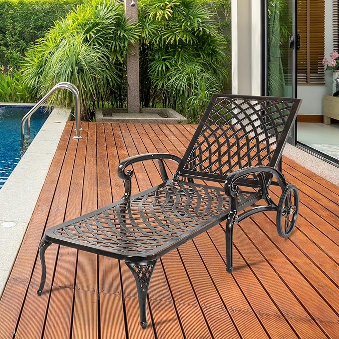 Outvita Lounge Chairs for Outside, Patio Cast Aluminum Recliner with Adjustable Back and Rolling Wheels for Backyard Porch Pool Balcony Deck (Bronze)