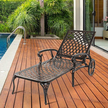 Outvita Lounge Chairs for Outside, Patio Cast Aluminum Recliner with Adjustable Back and Rolling Wheels for Backyard Porch Pool Balcony Deck (Bronze)