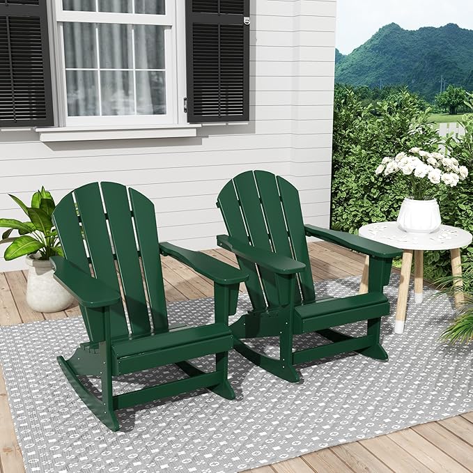 Costaelm Outdoor Adirondack Chair Set of 2, All Weather Resistant Classic Balcony Chair and Fire Pit Chairs, Plastic Outdoor Porch Furniture Rocking Chair High Back HDPE Poly Lumber, Dark Green