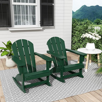 Costaelm Outdoor Adirondack Chair Set of 2, All Weather Resistant Classic Balcony Chair and Fire Pit Chairs, Plastic Outdoor Porch Furniture Rocking Chair High Back HDPE Poly Lumber, Dark Green