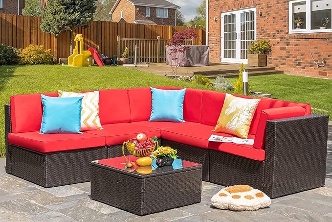 Vongrasig 6 Pieces Patio Furniture Set, Outdoor Sectional Sofa Couch, All Weather PE Rattan Patio Conversation Sets with Coffee Table for Garden, Backyard, Poolside (Red)