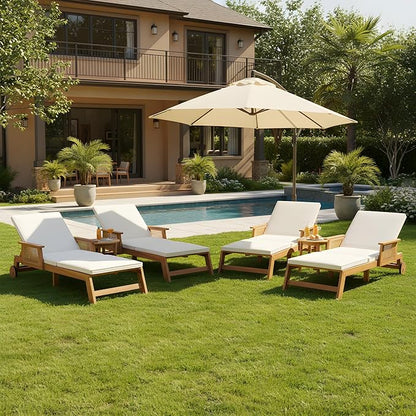 Merax 4-Pieces Retro Acacia Wood Outdoor Chaise Lounge with Wheels & 3-Position Adjustable Backrest, Vintage Wicker Sun Lounger with Plush Removable Cushion for Patio, Garden & Poolside, Acacia Wood