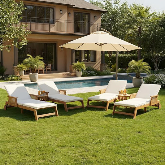 Merax 4-Pieces Retro Acacia Wood Outdoor Chaise Lounge with Wheels & 3-Position Adjustable Backrest, Vintage Wicker Sun Lounger with Plush Removable Cushion for Patio, Garden & Poolside, Acacia Wood