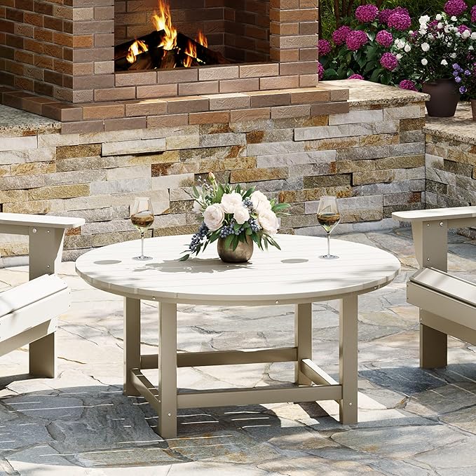 WestinTrends Malibu Low Outdoor HDPE Round Patio Coffee Table, Sand