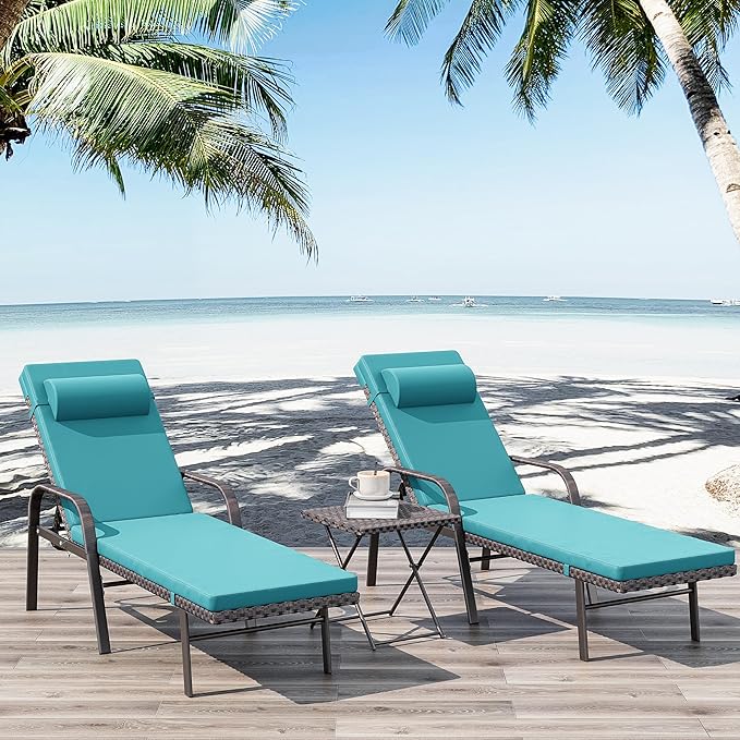 Kurapika Patio Chaise Lounge Set 3 Pieces Outdoor Lounge Chair, Rattan Reclining Chair Adjustable Backrest, Pool Sunbathing Recliners with Folding Table for Poolside Beach, Blue