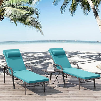 Kurapika Patio Chaise Lounge Set 3 Pieces Outdoor Lounge Chair, Rattan Reclining Chair Adjustable Backrest, Pool Sunbathing Recliners with Folding Table for Poolside Beach, Blue