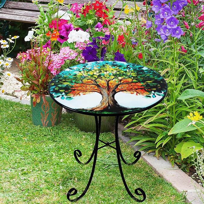 18" Side Table Outdoor, Tree Pattern Metal Accent Table, Indoor Small Round End Tables, Plant Stand Tables for Patio Yard Balcony Garden Bedside