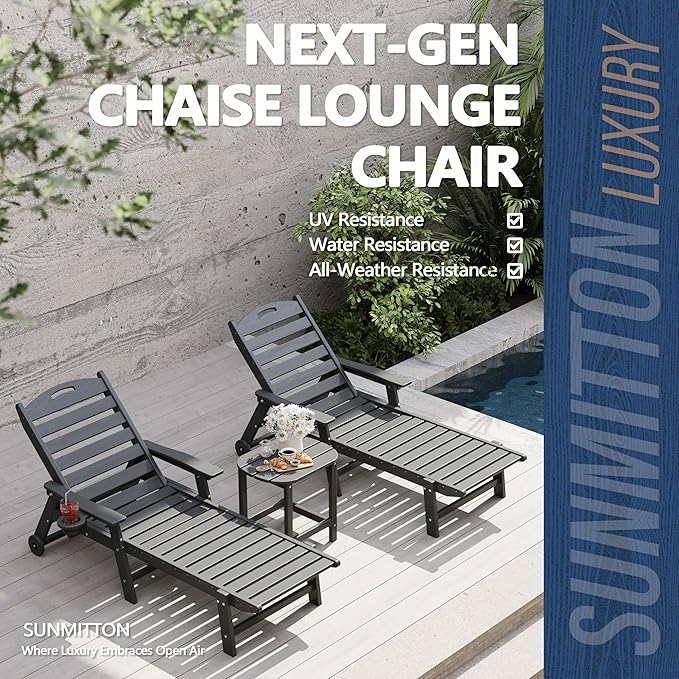 Patio Chaise Lounge Chair, HDPE Outdoor Lounge Chairs with 5-Position Adjustable Backrest, Cup Holder and Wheels, 450lbs Capacity for Poolside Deck Backyard, All Weather Material(Gray)