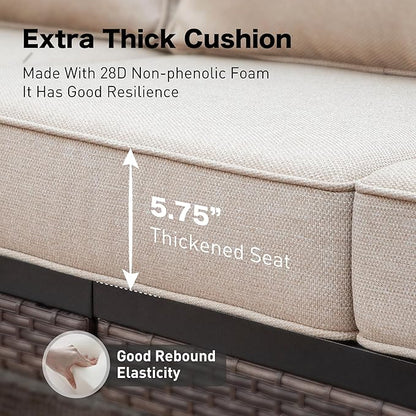 Metal Patio Furniture Sofa with 5.75" Extra Thick Cushion, 3-Seater Deep Seating & High-Back Black Frame Outdoor Couch All Weather Outdoor Seating for Deck Gazebo Porch, Beige
