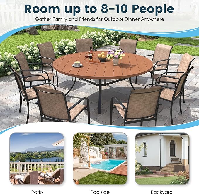 Patio Dining Table for 8-10, Round Metal Outdoor Table with 1.57" Umbrella Hole, 63" Outdoor Slat Tabletop Dining Table for Backyard, Porch, Lawn, Walnut