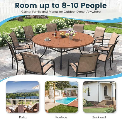 Patio Dining Table for 8-10, Round Metal Outdoor Table with 1.57" Umbrella Hole, 63" Outdoor Slat Tabletop Dining Table for Backyard, Porch, Lawn, Walnut