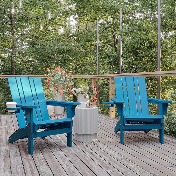 Flash Furniture Halifax Adirondack Chairs with Cup Holders, Weather Resistant Poly Resin Adirondack Chairs, Set of 2, Blue