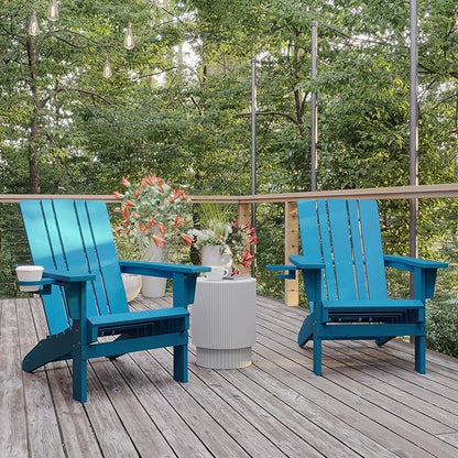 Flash Furniture Halifax Adirondack Chairs with Cup Holders, Weather Resistant Poly Resin Adirondack Chairs, Set of 2, Blue