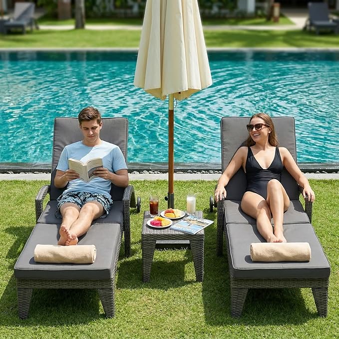 Chaise Lounge Chairs Set of 6, Upholstered 4-Positions Adjustable Lounge Chairs, Wicker Outdoor Long Reclining Chaise Lounge Set Pool Lounge Chairs with Wheels for/Deck/Beach/Yard, Grey