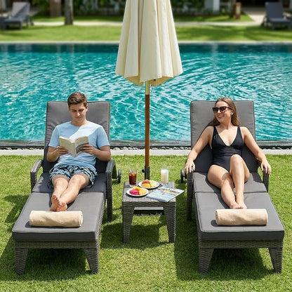 Chaise Lounge Chairs Set of 6, Upholstered 4-Positions Adjustable Lounge Chairs, Wicker Outdoor Long Reclining Chaise Lounge Set Pool Lounge Chairs with Wheels for/Deck/Beach/Yard, Grey