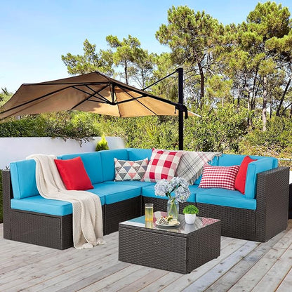 Vongrasig 6 Piece Patio Furniture Set, Small Outdoor Sectional Sofa Couch, All Weather PE Wicker L-Shaped Corner Patio Sofa Garden Backyard Patio Conversation Set w/Glass Table, Blue