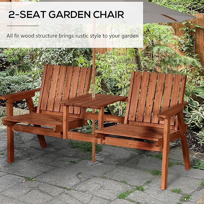 Outsunny Patio Bench, Garden Bench with Middle Table and Umbrella Hole, Wooden Outdoor Bench for Patio, Porch, Poolside, Balcony, Orange