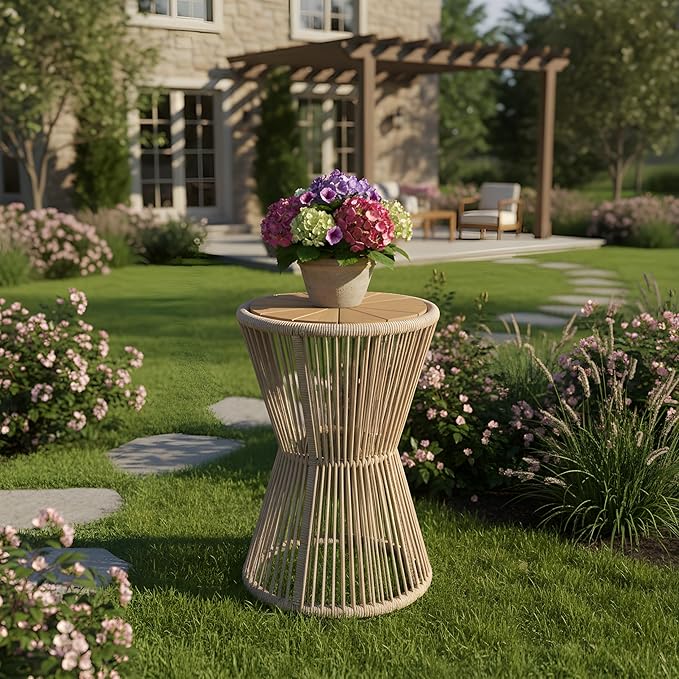 Merax Bohemian Round Outdoor Side Table with Acacia Wood Top and Beige Handwoven Rope Base, Elegant Hourglass Design Patio Coffee Table for Garden, Pool, Deck, Balcony, Yard, 25.8" Height, No Assembly
