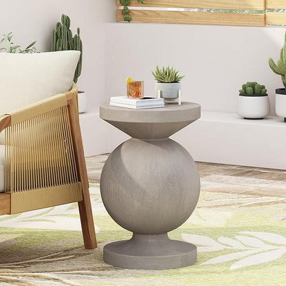 Outdoor Concrete Side Table Faux Stone End Table, Round Outdoor Accent Tables, Garden Stool Plant Stand for Porch, Backyard Patio Silver- Candy