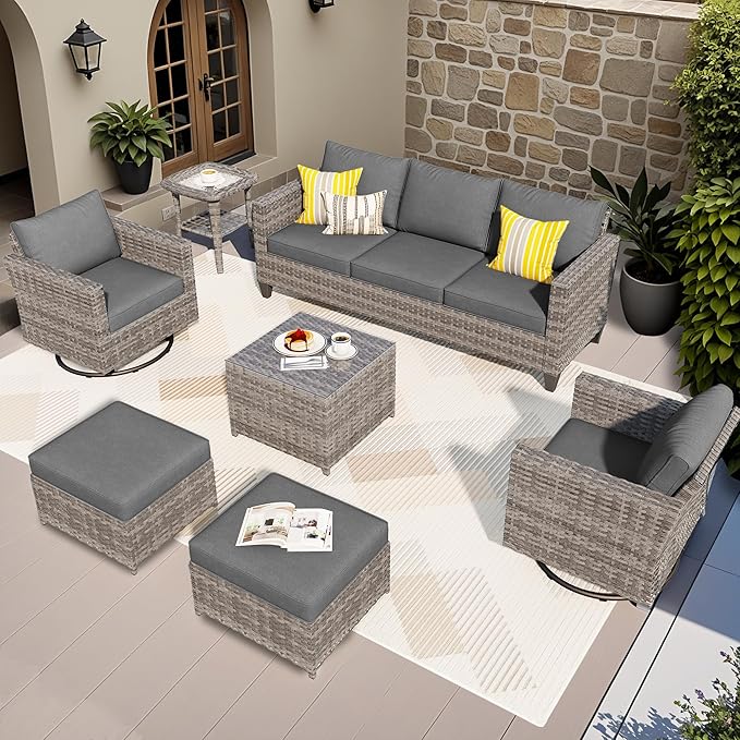ovios Patio Furniture Set, 7 Pieces Outdoor Wicker Sofa Couch with Swivel Rocking Chairs Glass Table Comfy Cushions - Photo 1