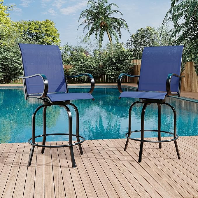 Swivel Bar Stools 2-Piece Set, Outdoor Patio Bar Height Chairs with Rust-Resistant Metal Frame & All-Weather Textile, Taupe High Top Stools for Garden, Balcony, Backyard(Black)
