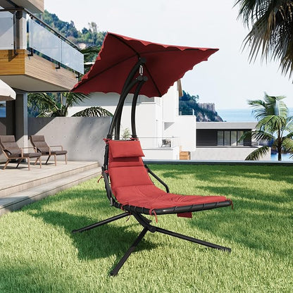 Hanging Chaise Lounge Swing Chair, Hanging Curved Chaise Lounge Chair Umbrella, Curved Steel Hammock Lounger Chairs for Outdoor Indoor Patio Pool Garden Backyard Porch