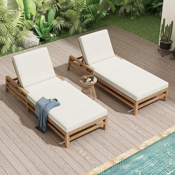 5-Position Adjustable Outdoor Chaise Lounge Set of 2, Solid Wood Patio Recliner Chair with Thick Cushions for Pool - Photo 1