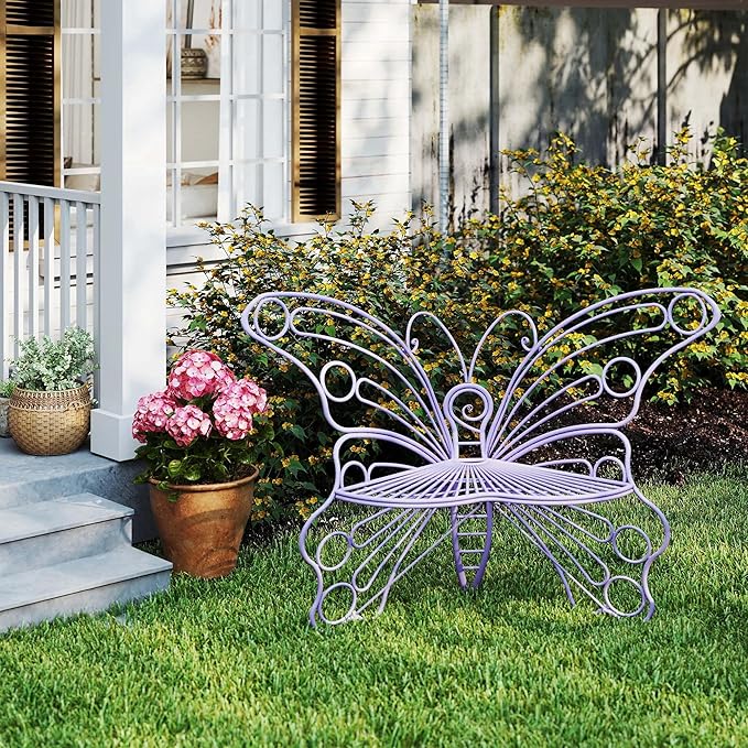 Pink Butterfly Benches Outdoors, Pretty Garden Bench & Cute Metal Outside Bench, Front Porch Benches Outdoor with Sturdy Frame for Lawn Yard Balcony (Purple)