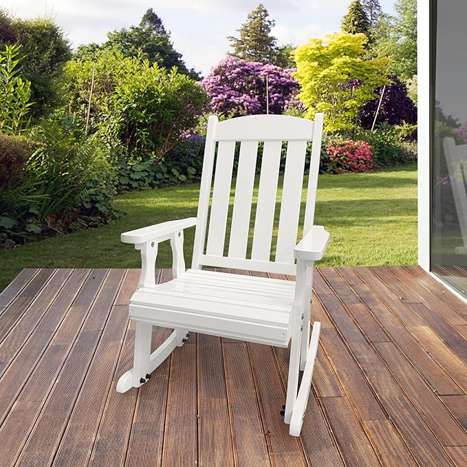 Fortune Candy Wooden Rocking Chair with Comfortable Backrest Inclination, High Backrest and Deep Contoured Seat, Solid Fir Wood, Heavy Duty 600 LBS, for Backyard, Porch and Patio (PU White)