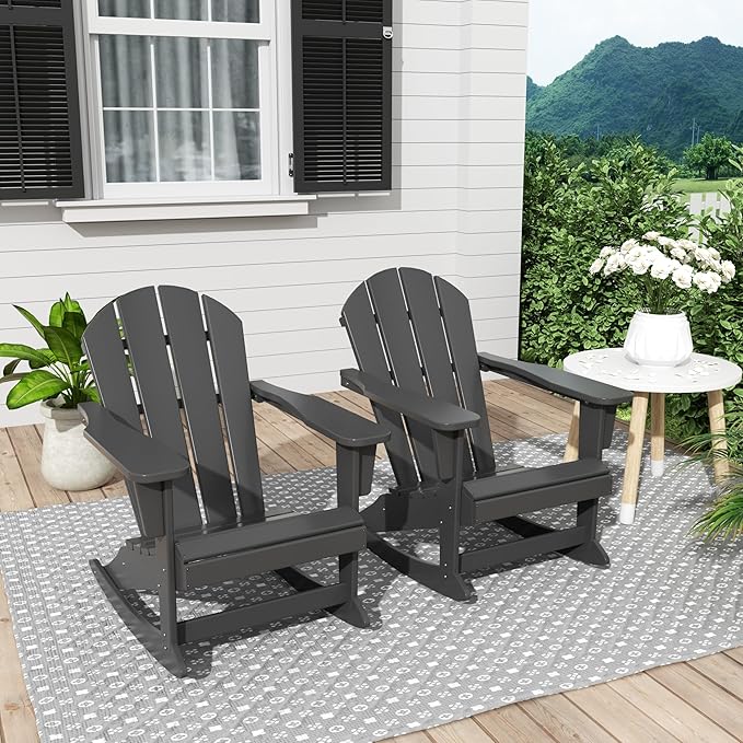 Costaelm Outdoor Adirondack Chair Set of 2, All Weather Resistant Classic Balcony Chair and Fire Pit Chairs, Adirondack Plastic Outdoor Porch Furniture Rocking Chair High Back HDPE Poly Lumber, Gray