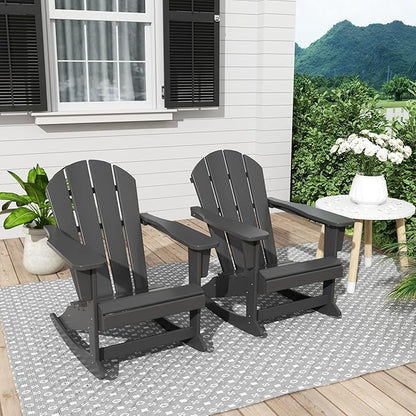 Costaelm Outdoor Adirondack Chair Set of 2, All Weather Resistant Classic Balcony Chair and Fire Pit Chairs, Adirondack Plastic Outdoor Porch Furniture Rocking Chair High Back HDPE Poly Lumber, Gray