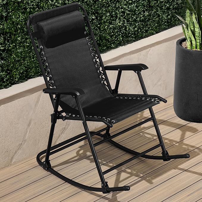 Best Choice Products Outdoor Folding Rocking Chair, Zero Gravity Lounge Chair, Patio Rocker w/Headrest Pillow - Black - Photo 2